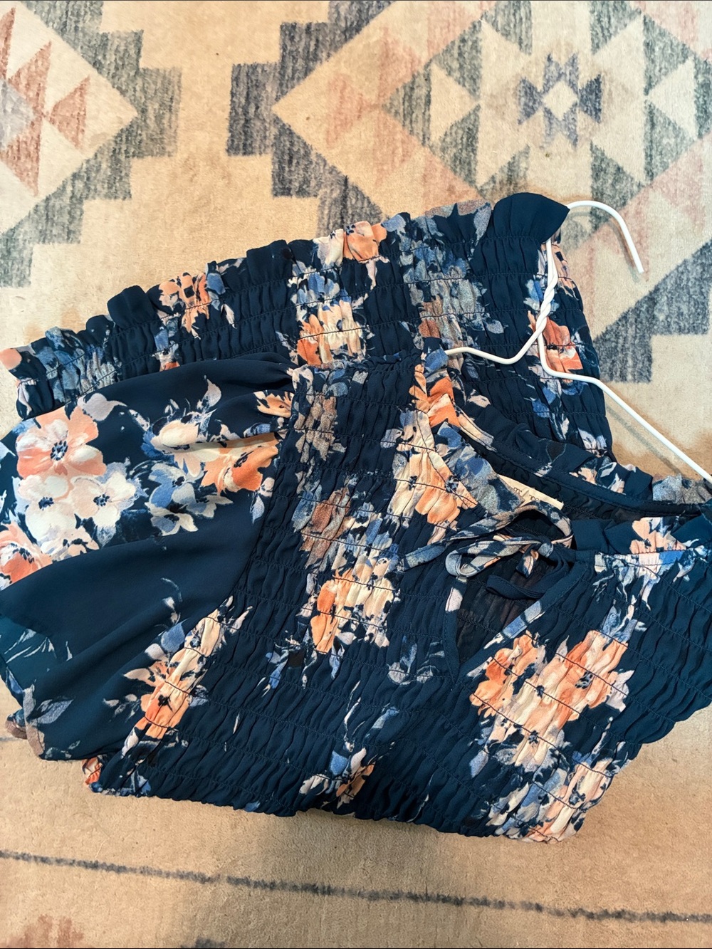 Maurices Navy Floral Smocked Top with Peach Accents